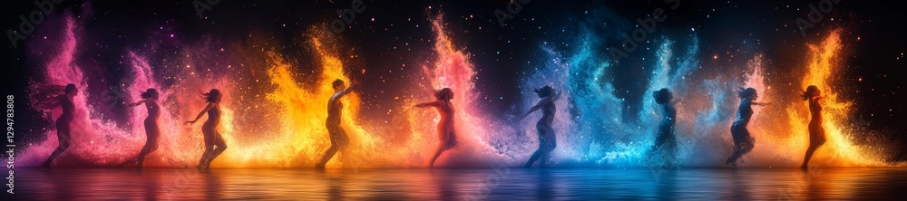 Dancers moving through a spectrum of color with energetic and flowing movements in the light. Generative AI Dancers moving through a spectrum of color with energetic and flowing movements in the light. Generative AI