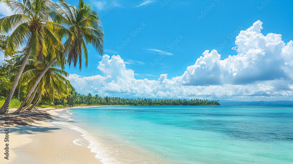 Fototapeta premium Idyllic tropical beach with white sand, turquoise ocean, and lush palm trees under a bright blue sky, perfect for vacations, relaxation, travel destinations, summer holidays, and coastal scenery