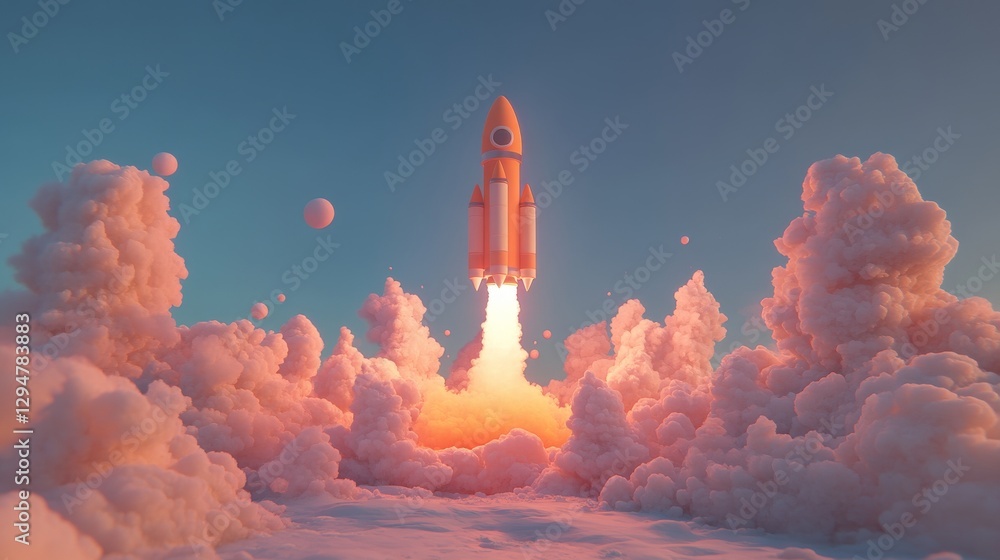 Fototapeta premium A yellow and orange 3D cartoon spaceship rocket flying in a blue sky with white clouds. This startup innovation technology business launch concept is designed for future idea presentations, featuring