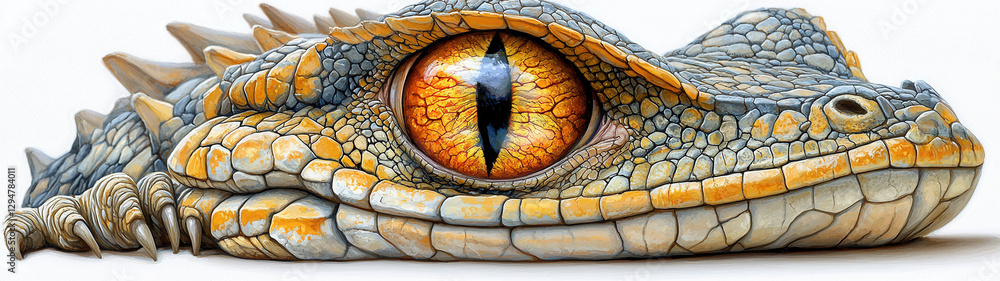 A close-up of a lizard's eye, glowing with fiery intensity, surrounded by rugged, stone-like scales