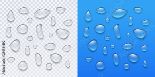 Water rain drop set isolated on transparent and blue backgrounds. Realistic condense droplets collection. Vector clear bubbles, gel elements or dew templates