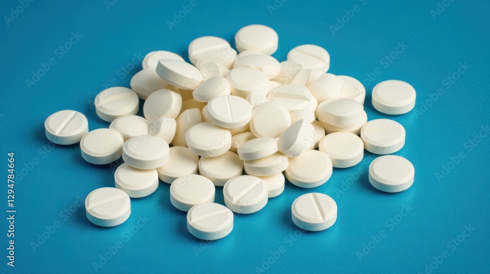 White pills scattered on a blue background, symbolizing healthcare and medication White pills scattered on a blue background, symbolizing healthcare and medication