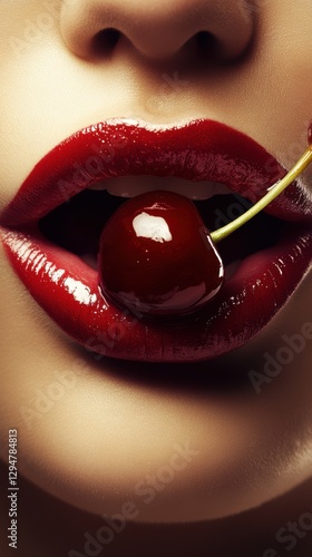 A close-up of glossy red lips holding a heart-shaped cherry, creating a bold and sensual image