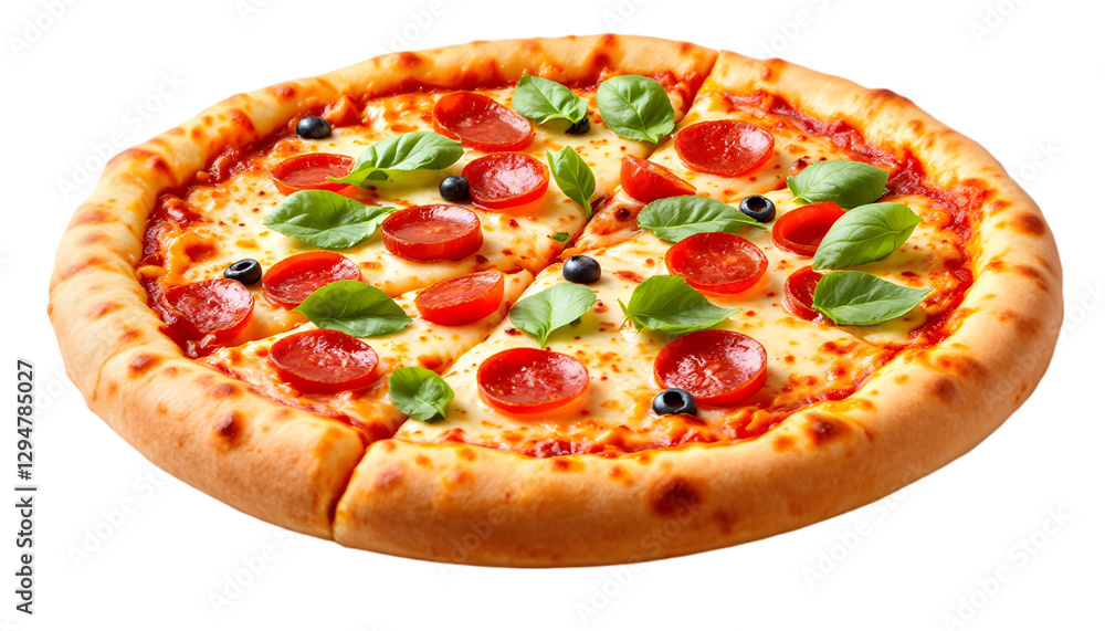 Photo Freshly Baked Pizza with Pepperoni, Cheese, and Basil Photo Freshly Baked Pizza with Pepperoni, Cheese, and Basil