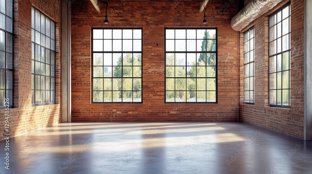 Spacious Industrial Loft with Rustic Brick Walls and Large Windows – Minimalist Open Space with Modern Design, Soft Natural Light, and Room for Text Placement Spacious Industrial Loft with Rustic Brick Walls and Large Windows – Minimalist Open Space with Modern Design, Soft Natural Light, and Room for Text Placement