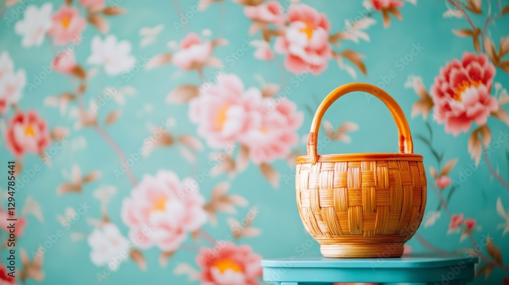 A woven picnic basket sits on a teal table against a floral backdrop. Perfect for springtime. A woven picnic basket sits on a teal table against a floral backdrop. Perfect for springtime.