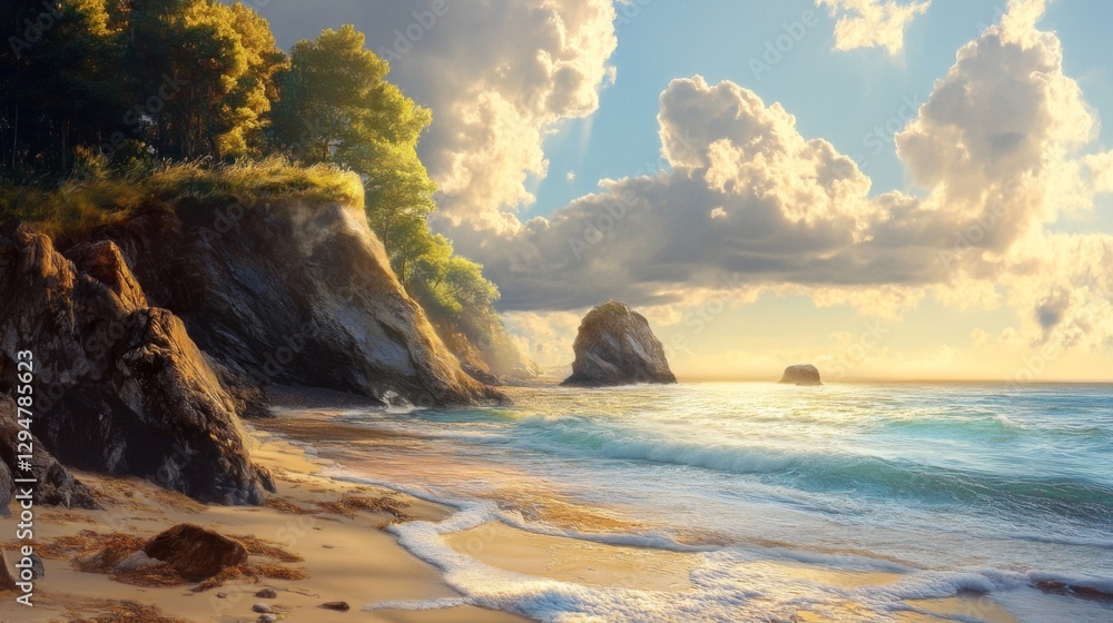 Obraz premium Serene Sunset Over Coastal Rocks and Sandy Beach