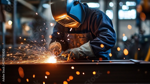 A detailed view of a welder fabricating metal structures in a workshop, Metal fabrication scene, Industrial welding style