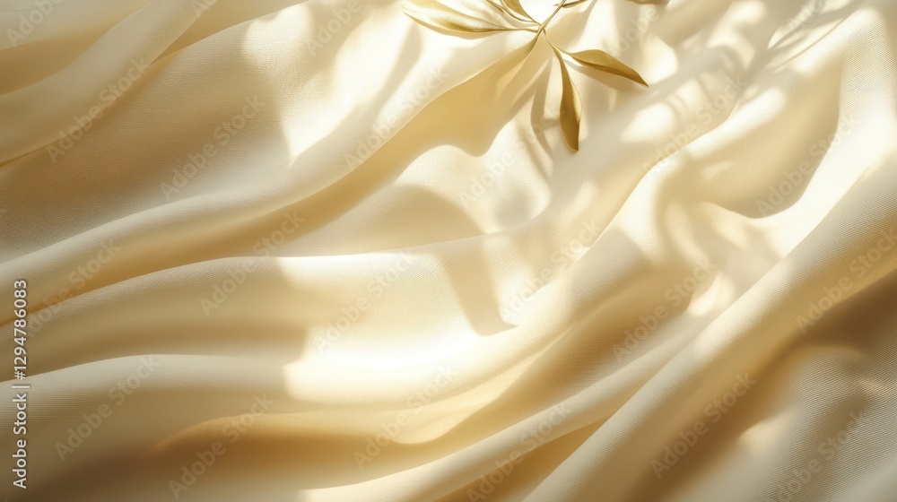 Obraz premium Golden light on flowing beige fabric with leaf shadows