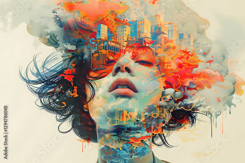 a bashful figure with a head turning into an intricate world, showcasing creativity, arts, design, fashion, and architecture with vibrant and minimalist cartoon-style faces and vibrant illustrations