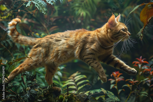 animal photography, a lifelike russian manx cat gracefully moves with its distinctive bobtail in its natural habitat, surrounded by lush greenery photo