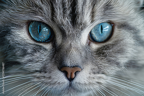 blue-eyed russian manx cat, close-up of a russian manx cat, with striking blue eyes and soft grey fur the elegant, muted forest green background highlights its unique tail structure and rich coat photo