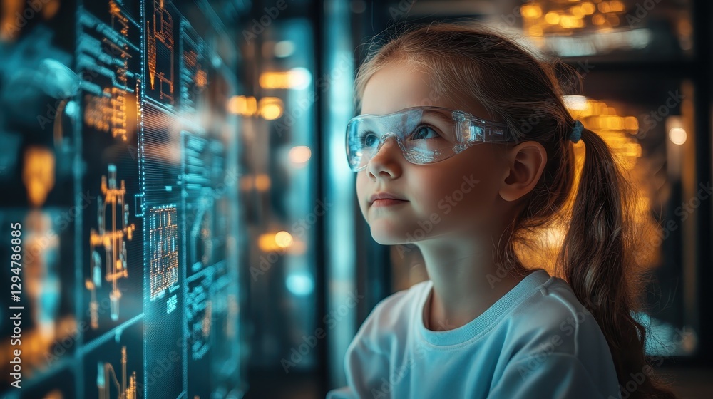 Curious caucasian female child engaging with futuristic technology interface Curious caucasian female child engaging with futuristic technology interface