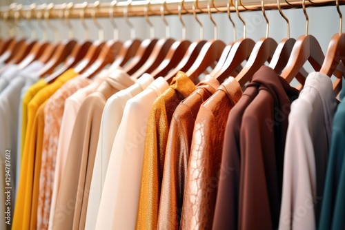 Wallpaper Mural Wooden hangers with clothes on the rail in the store with women's clothing for sale. Shirt, dress, jacket, blouse. Flea market, second hand, discount, exchange, donation Torontodigital.ca