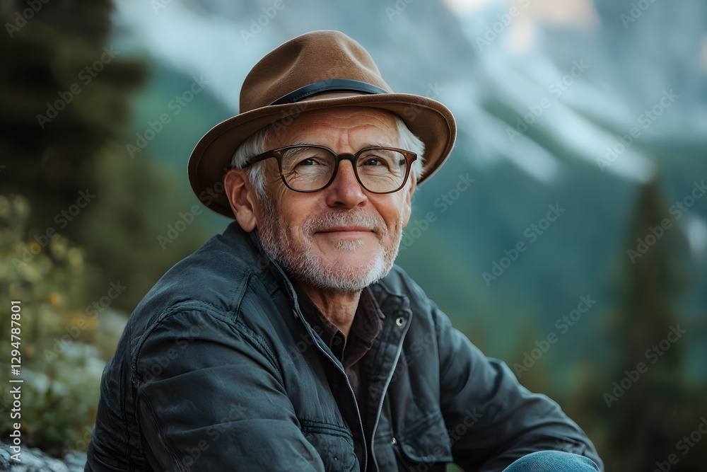 Senior man enjoys rest in mountains while on hiking adventure. Generative AI Senior man enjoys rest in mountains while on hiking adventure. Generative AI