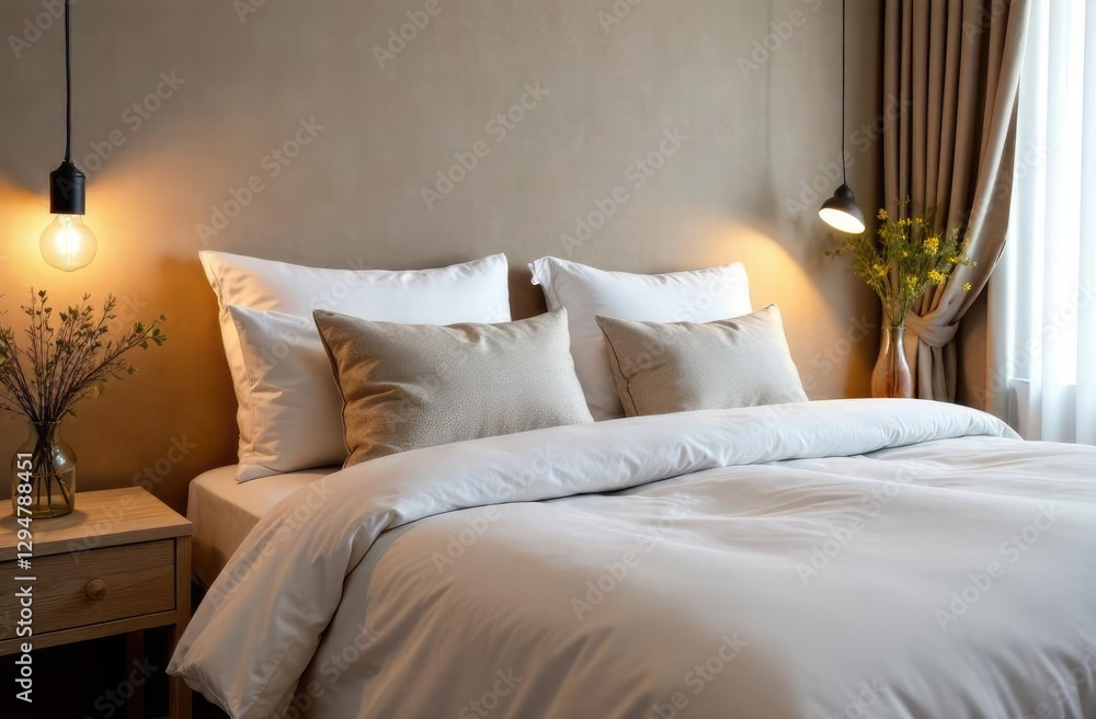 Obraz premium Many soft pillows on bed and bedside table at home 