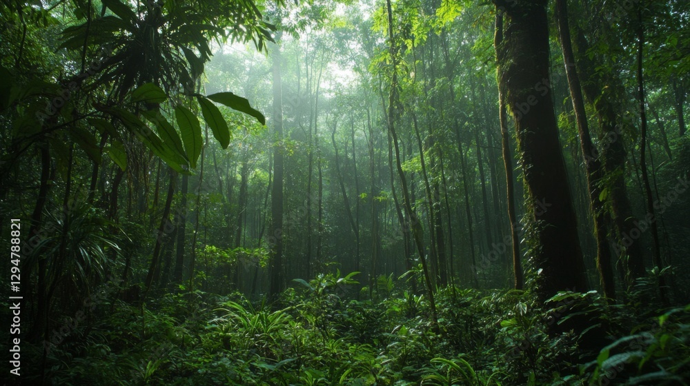 Obraz premium Lush Green Rainforest Sunlight Through Canopy