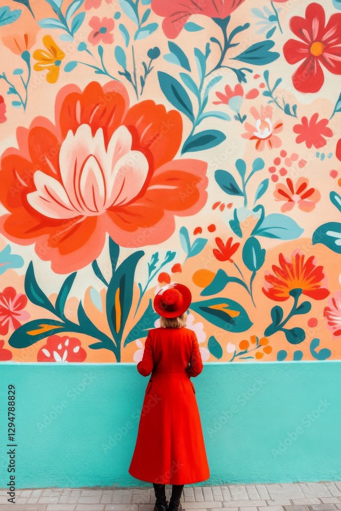 Fototapeta premium Woman in red coat admires a vibrant floral mural.