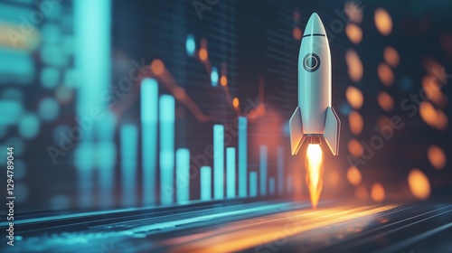 Rocket is flying over a chart. Graph of growth and success in a business. Abstract 3d rendering strategy for development. A rocket is soaring above lifestyle a diagram.
