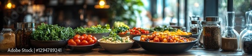 A fresh assortment of healthy plant-based foods on a rustic wooden table with herbs and vegetables. Generative AI photo