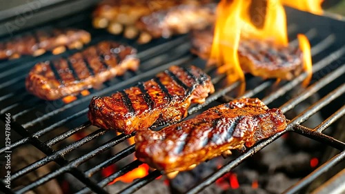 Wallpaper Mural Steaks, pork ribs, barbecue chicken, and grilled peppers sear over hot coals. The grill grates leave perfect marks as flames kiss the surface of the meats. Torontodigital.ca