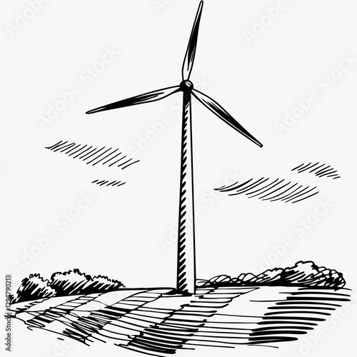 Hand-drawn wind turbine sketch against cloudy sky backdrop. Artistic interpretation of renewable energy technology. Renewable Energy Companies, Environmental Education, Green Technology

