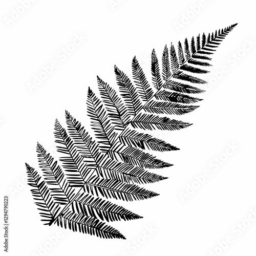 Detailed black and white fern frond illustration in woodcut style. Intricate botanical artwork showing natural leaf patterns. Nature-themed decorative purposes. Botanical Art, Natural Products, Spa 