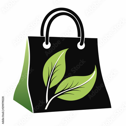 Black shopping bag displays green leaf motif in 3D perspective. Modern eco-friendly design with natural elements. Perfect for Earth Day. Concept: Retail stores, Eco brands