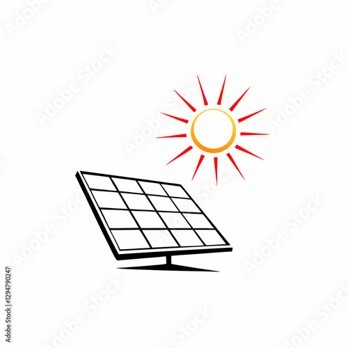 Stylized solar panel catches rays from vibrant yellow sun. Minimalist design shows energy flow direction. Concept: Energy companies, Environmental services