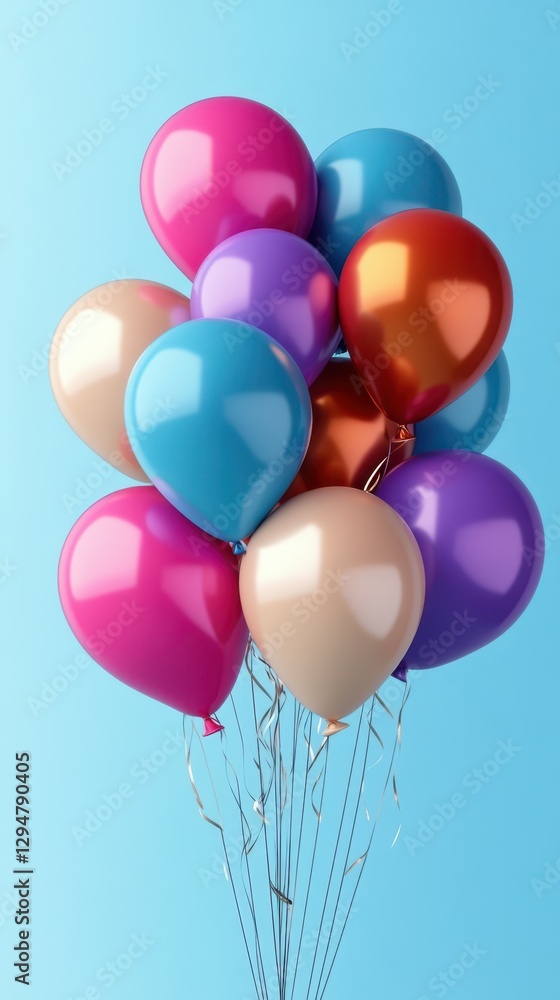 Colorful bunch of balloons floating against a light blue background during a festive celebration Colorful bunch of balloons floating against a light blue background during a festive celebration