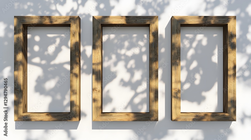 Fototapeta premium Three empty wooden frames casting shadows on a wall, surrounded by nature's foliage