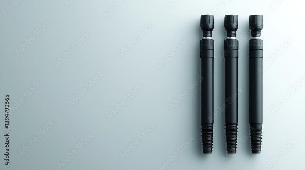 Fototapeta premium Three black pens on grey background, minimalist design, product photography
