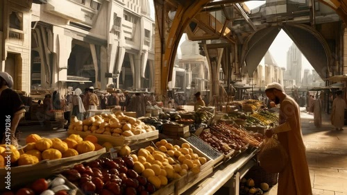 Bustling Market Scene: A Vivid Depiction of a Vibrant Marketplace Filled with Merchants and Shoppers, Showcasing an Array of Exotic Fruits and Vegetables.
