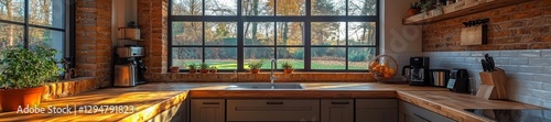 Stylish kitchen with natural lighting and plant decorations. Generative AI photo