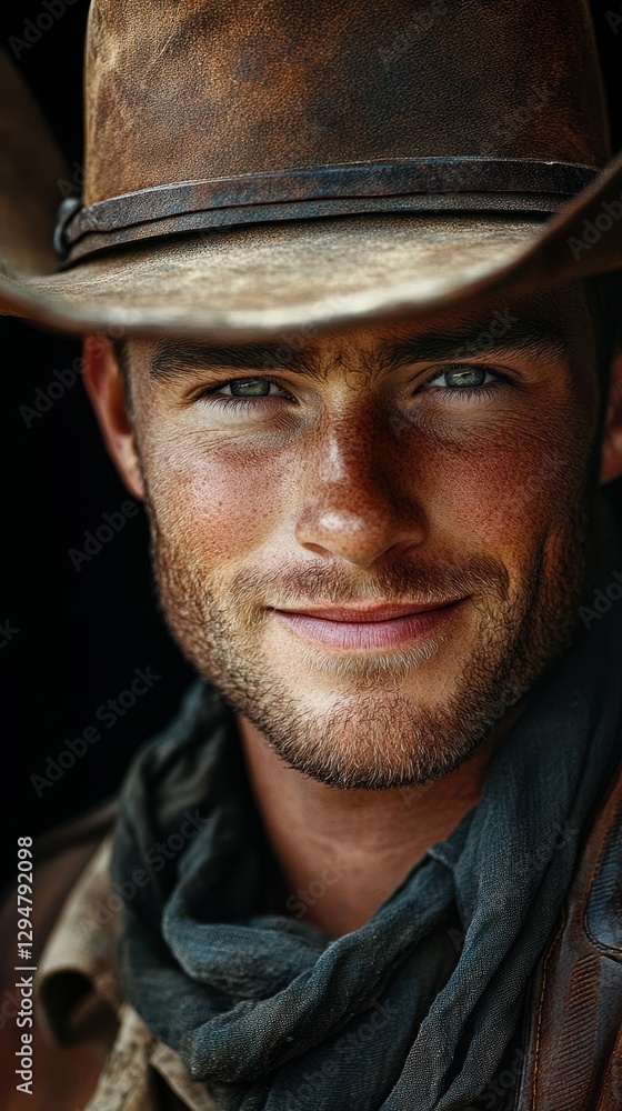 Cowboy smiles confidently while wearing a wide-brimmed hat and scarf in a rustic setting during sunset Cowboy smiles confidently while wearing a wide-brimmed hat and scarf in a rustic setting during sunset