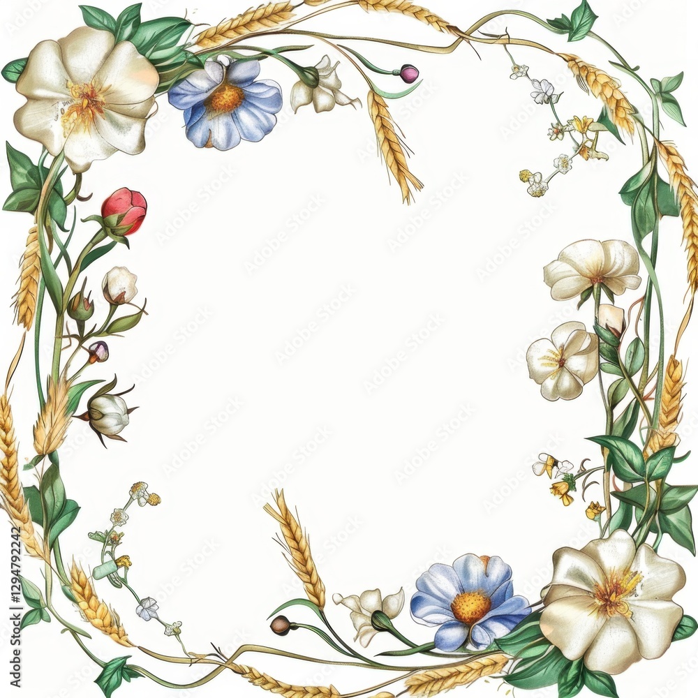 Fototapeta premium Watercolor floral frame with wildflowers and wheat ears on white background ,certificate design, cotton flowers and ears of wheat intertwine along the contour
