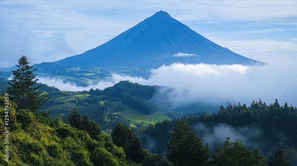 Majestic volcano surrounded by lush green forest and rolling clouds Majestic volcano surrounded by lush green forest and rolling clouds