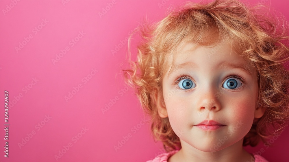 A toddler with curly blond hair gazes with wide blue eyes, displaying a look of curiosity. The vibrant pink background enhances the cheerful and playful ambiance of the moment A toddler with curly blond hair gazes with wide blue eyes, displaying a look of curiosity. The vibrant pink background enhances the cheerful and playful ambiance of the moment
