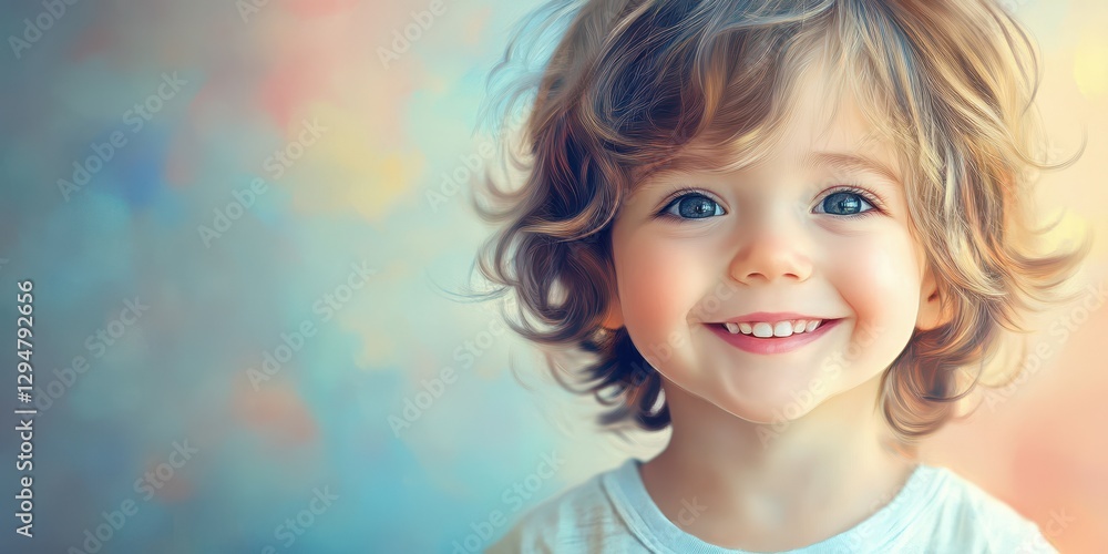 Smiling child with curly hair against a colorful background captures the joy of childhood in a bright setting Smiling child with curly hair against a colorful background captures the joy of childhood in a bright setting