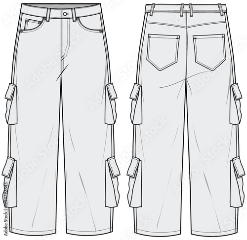 Loose Baggy Jeans with Cargo Pockets  Front and Back Fashion Illustration, Vector, CAD, Technical Drawing, Flat Drawing, Template, Mockup.
