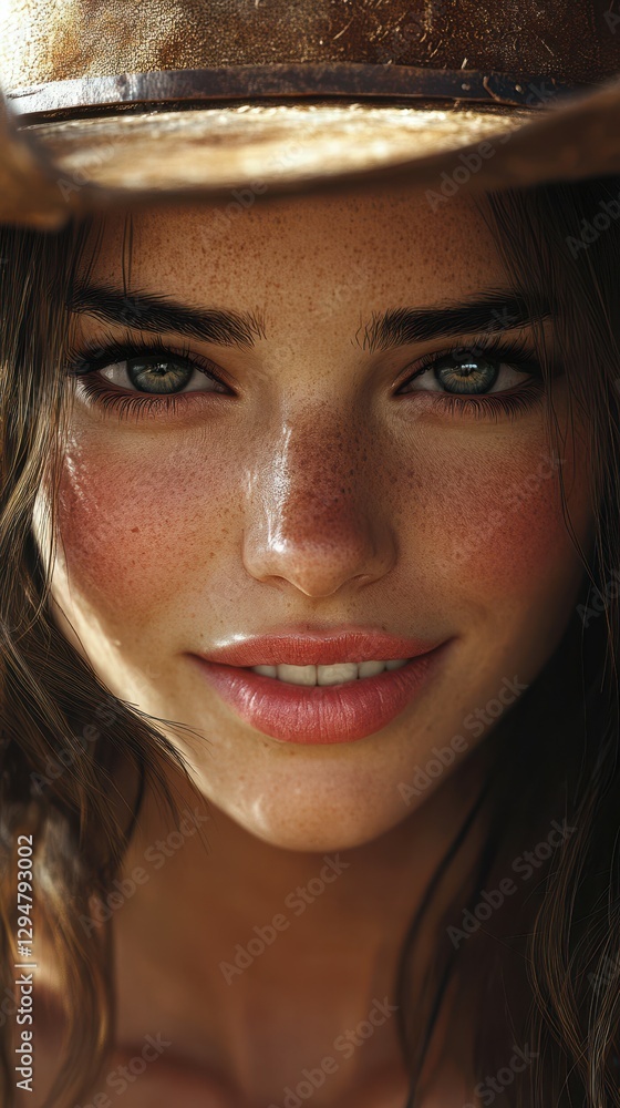 Close-up portrait of a young woman with freckles wearing a wide-brimmed hat in soft sunlight during golden hour Close-up portrait of a young woman with freckles wearing a wide-brimmed hat in soft sunlight during golden hour