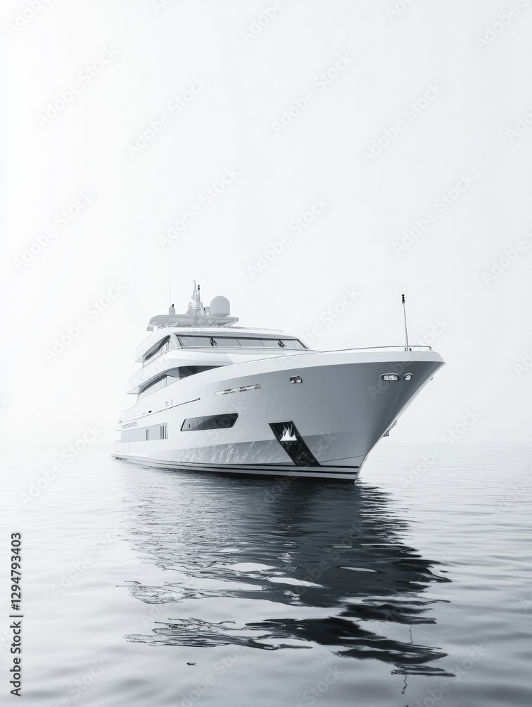 White luxury yacht on White color Sea and white sky, minimalism style White luxury yacht on White color Sea and white sky, minimalism style