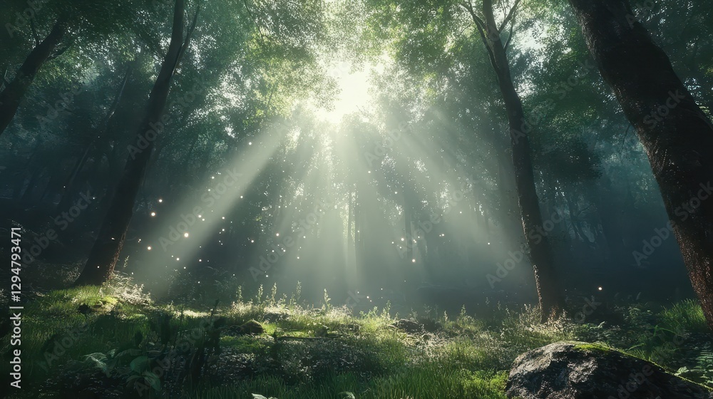 Obraz premium Serene forest with sunlight rays streaming through trees in lush greenery