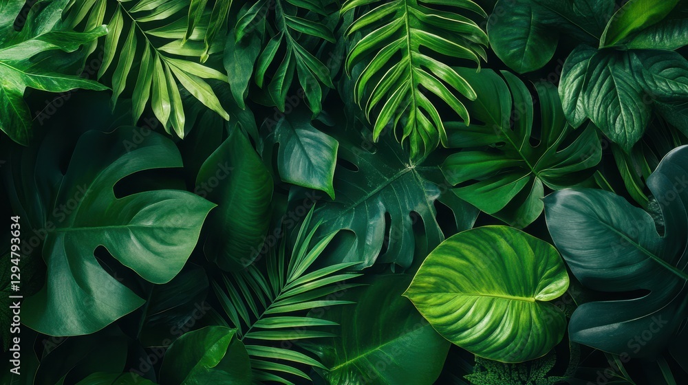 Naklejka premium Lush green tropical foliage with varied leaf patterns and textures