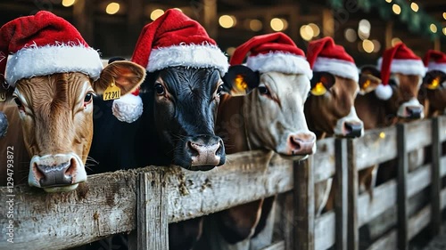 Festive cows in barn, Christmas hats, lights