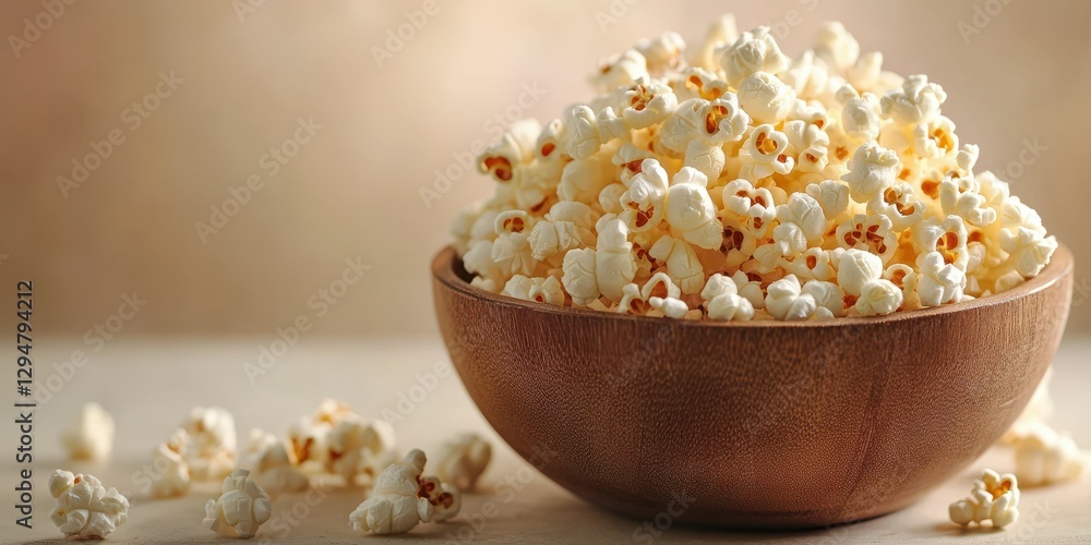 Freshly popped popcorn in a wooden bowl ready for movie night at home with friends and family Freshly popped popcorn in a wooden bowl ready for movie night at home with friends and family