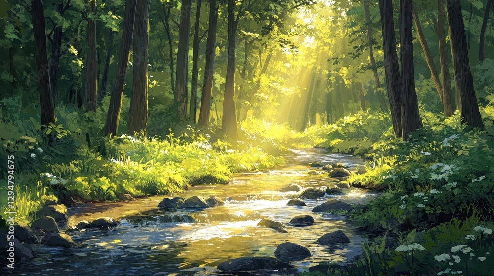 Obraz premium Serene forest stream with sunlight filtering through trees