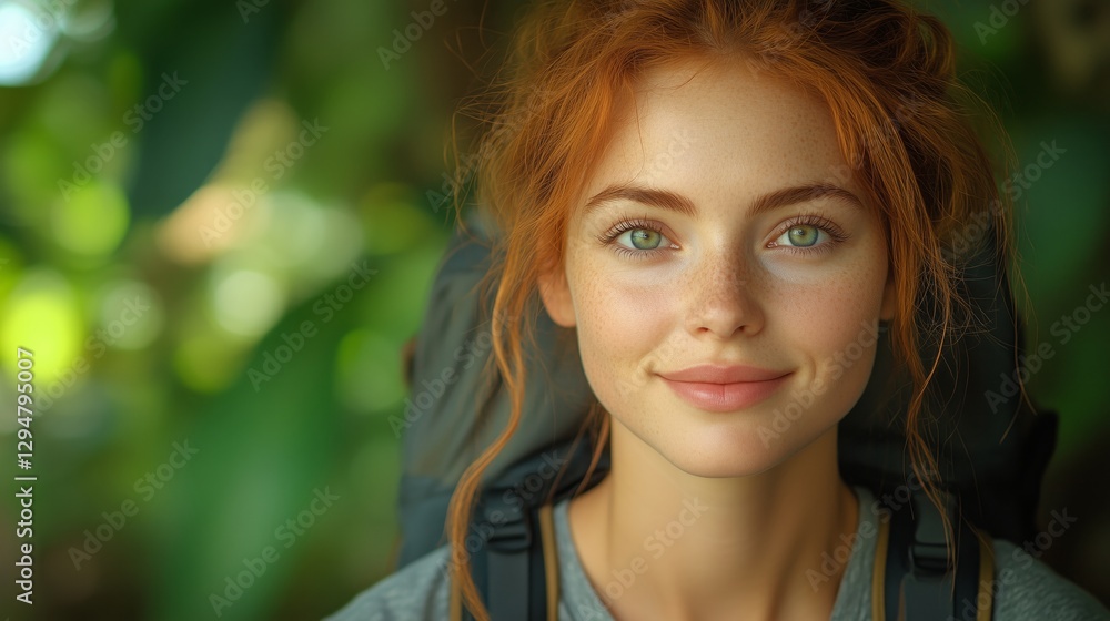 Caucasian ginger young beautiful female backpacker traveling alone in forest