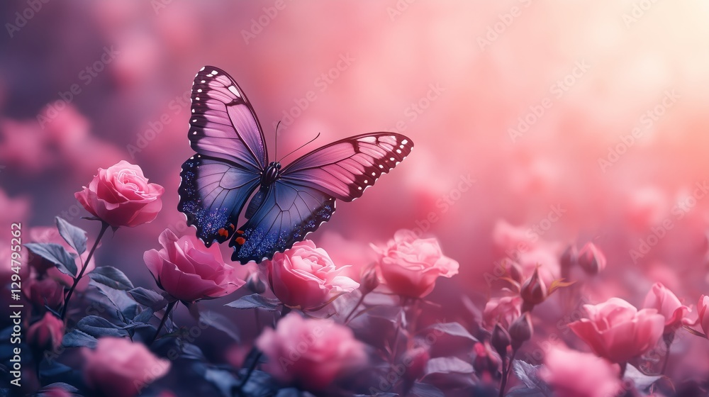 Naklejka premium Glittering purple butterfly surrounded by roses