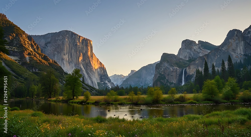 Fototapeta premium River Flowing Through Valley Surrounded by Mountains and Greenery